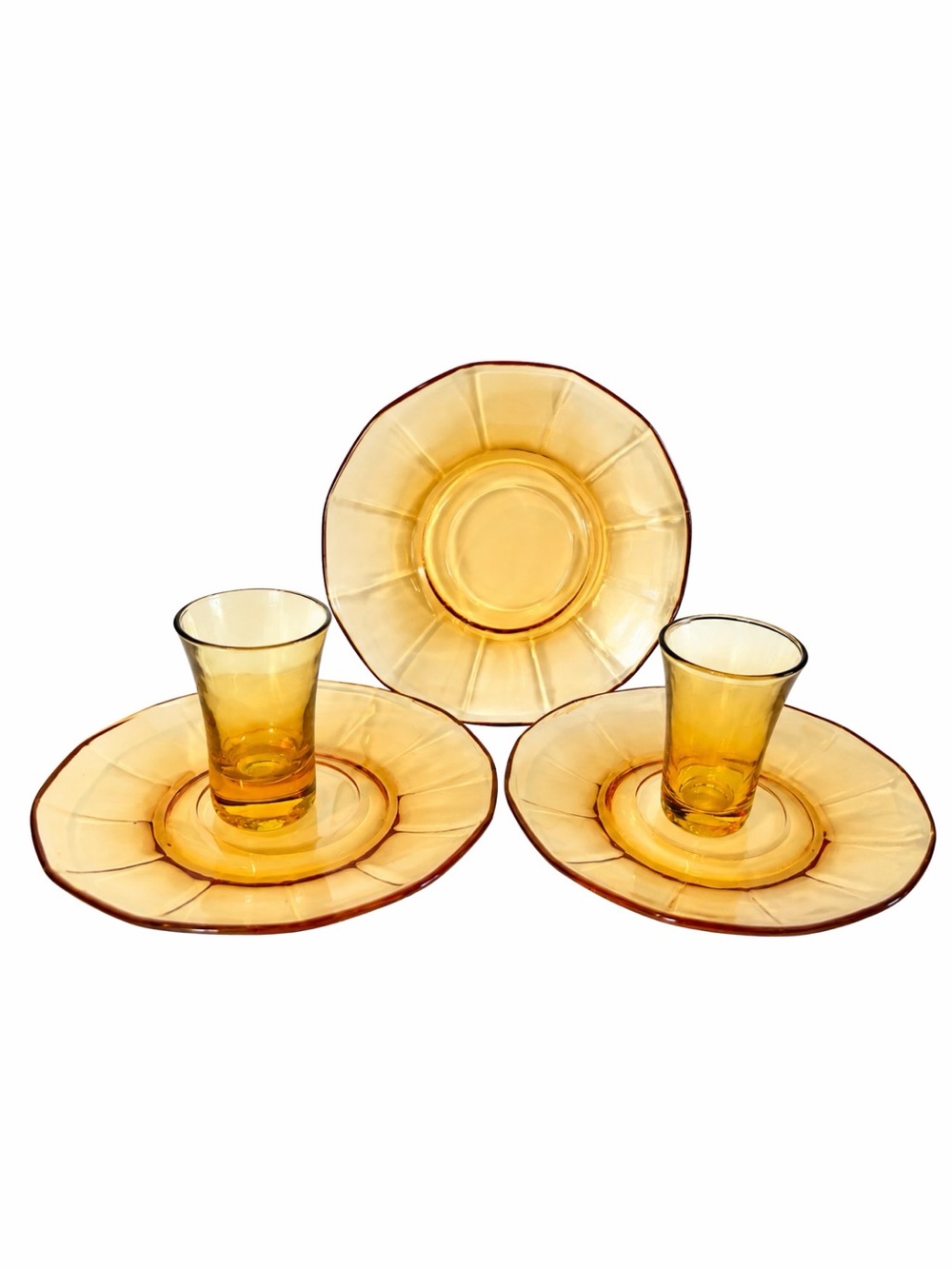 Vintage 5 Piece Amber Glass Plate & Glasses Mixed Lot